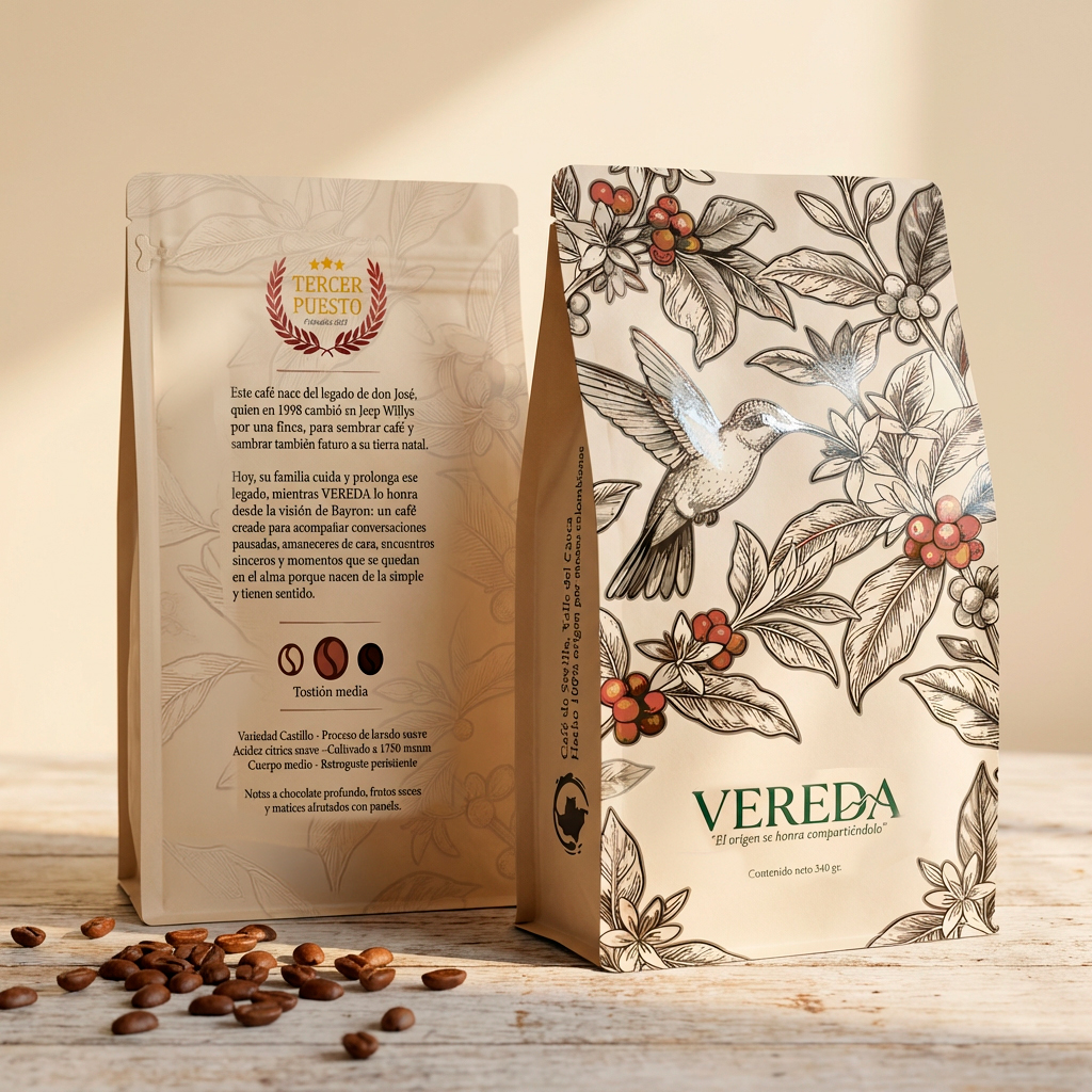 Bolsa de café Vereda con ilustración botánica